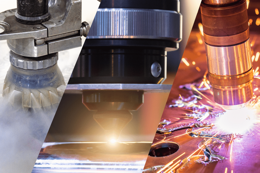 Split image depicting a waterjet, laser and plasma cutting head