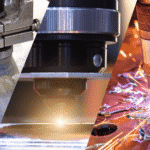 Split image depicting a waterjet, laser and plasma cutting head