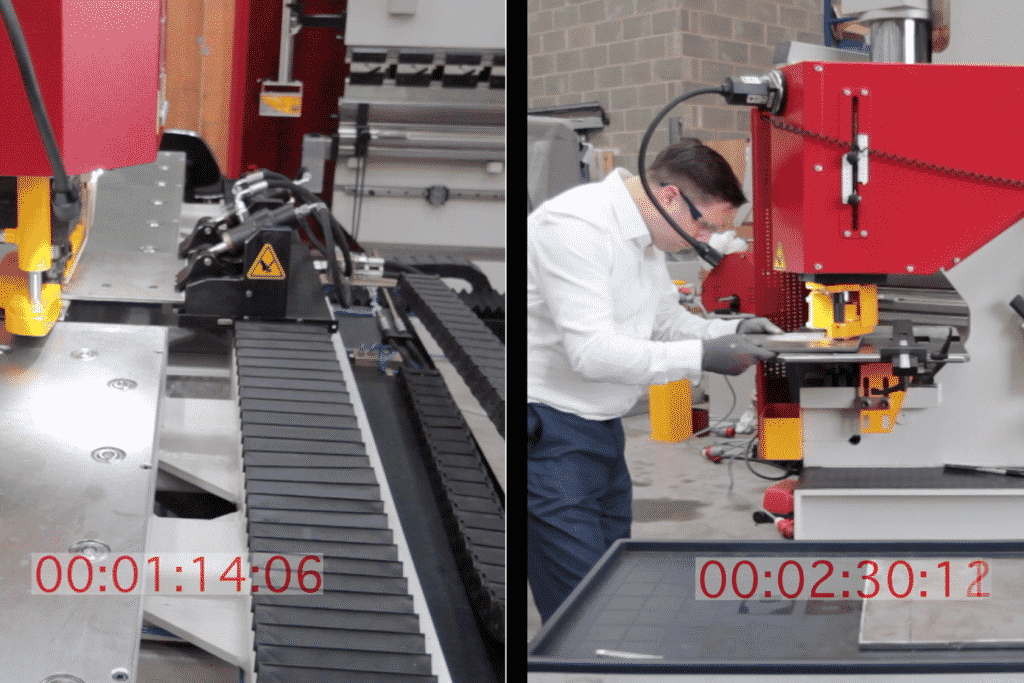 Split screen of the HSP CNC Punch vs the traditional steelworker
