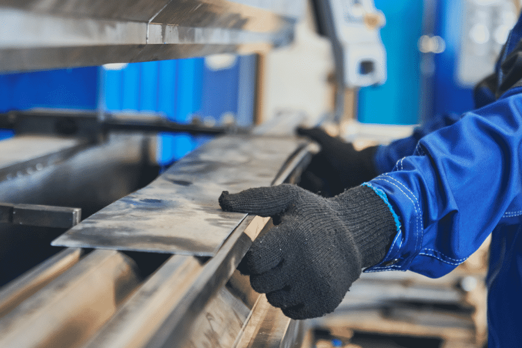 Image of hands holding a strip of metal ready to be folded on a press brake