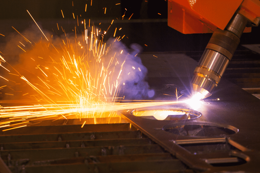 Detail of the plasma cutting head cutting metal