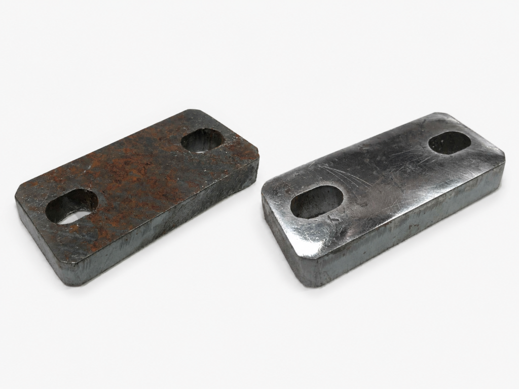 Rusty and cleaned metal plate after DFR 600 deburring.