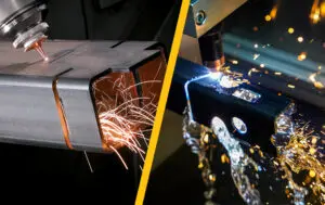 Close up of a Tube Laser Cutting on the left and close up of a tube plasma on the right