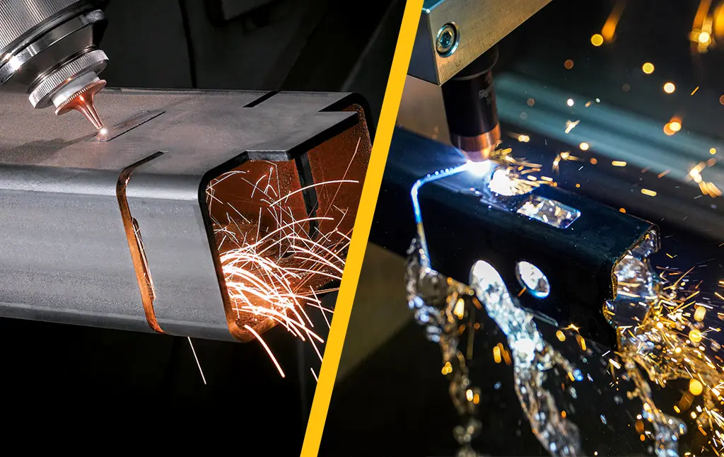Close up of a Tube Laser Cutting on the left and close up of a tube plasma on the right