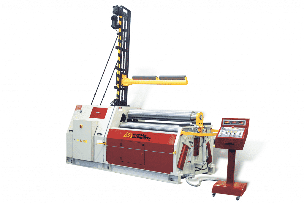 Front view of the Morgan Rushworth DPBM-4 Powered Bending Roll featured with the standard controller and optional central support system