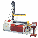 Front view of the Morgan Rushworth DPBM-4 Powered Bending Roll featured with the standard controller and optional central support system