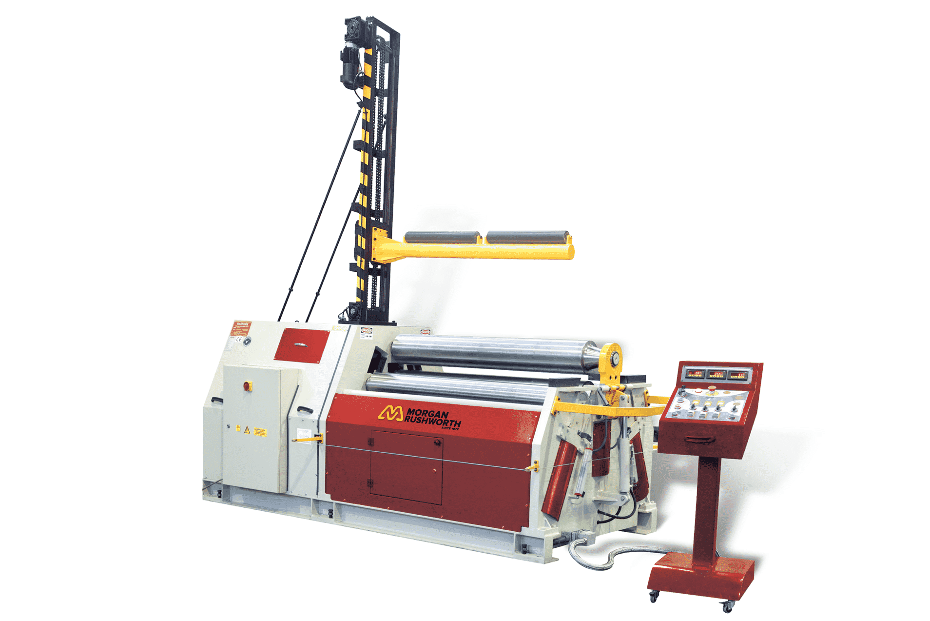 Front view of the Morgan Rushworth DPBM-4 Powered Bending Roll featured with the standard controller and optional central support system