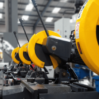 Looking down a line of Sterling Metal Cutting Circular Saws