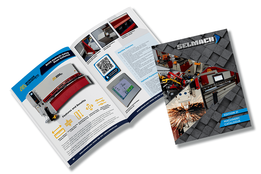 A visual mock-up of the 21st Edition of the Selmach Machinery Catalogue. Showing the front cover of the catalogue and the open pages of a Morgan Rushworth Guillotine machine.